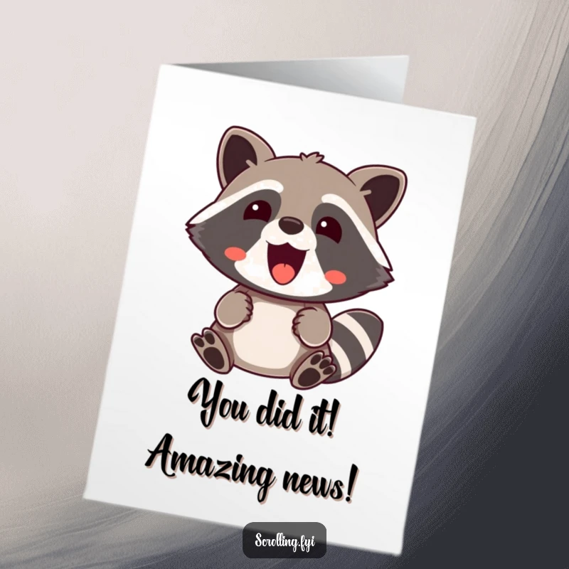 Funny Free Printable Raccoon Congratulations Card: A surprised raccoon expresses ecstatic delight, ideal for celebrating achievements.
