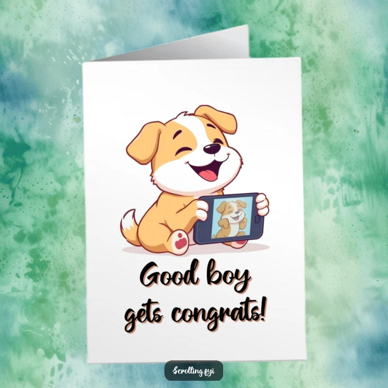 Funny Free Printable Congratulations Card: Ecstatic dog gazes at a phone screen, tail wagging furiously.