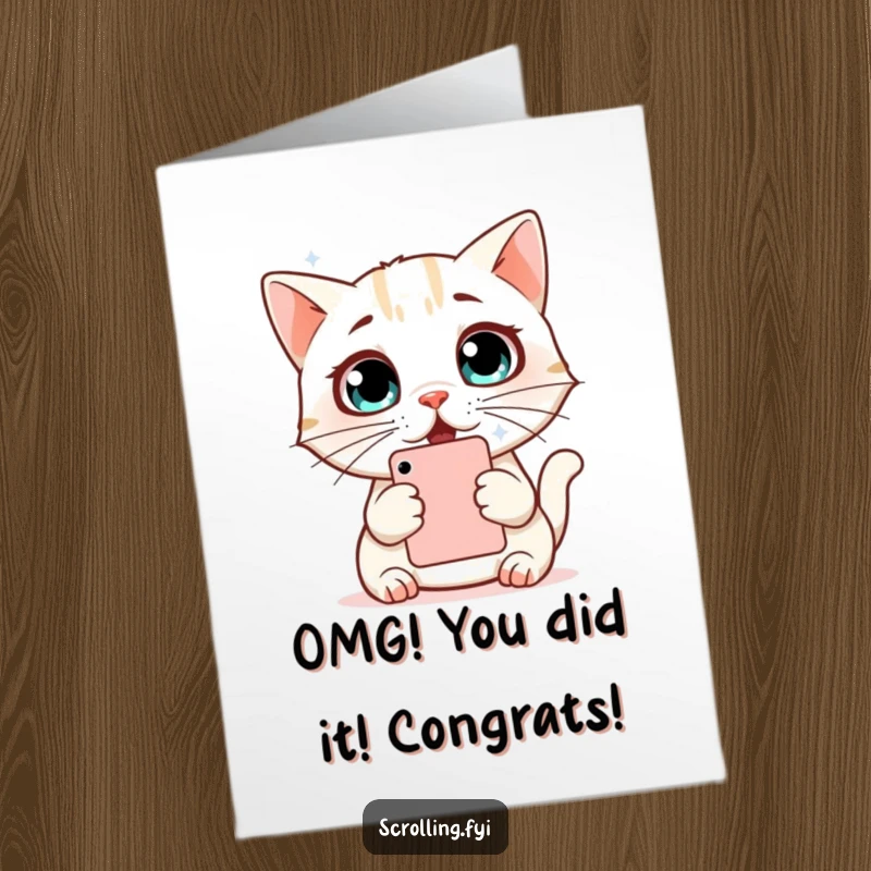 Funny free printable congratulations card: Cat staring at phone in disbelief, conveying shock and amazement.