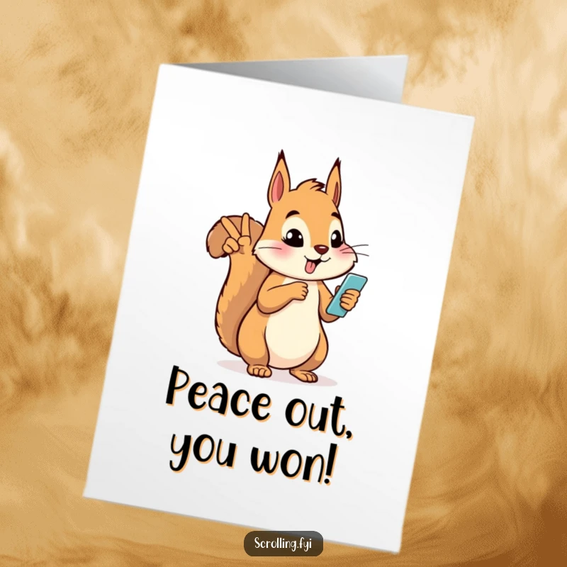 Funny Free Printable Congratulations Card: A silly squirrel flashes a peace sign while checking their phone, celebrating big.