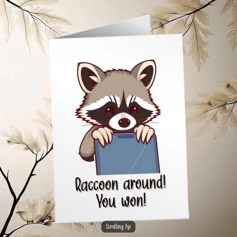 Funny free printable congratulations card: A sly raccoon peeks over a shoulder at a phone.