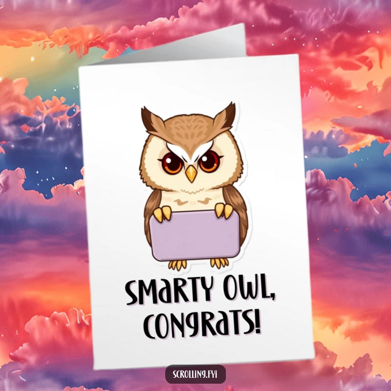 Funny Free Printable Congratulations Card: A proud owl gazes intently into a handheld device, perhaps checking achievements.