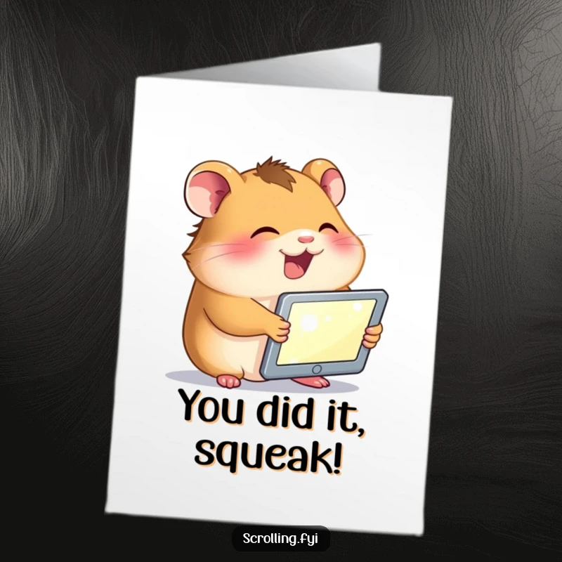 Funny Free Printable Congratulations Card: A giggling hamster holds a tablet, its screen illuminating its delighted face, cheering you on.