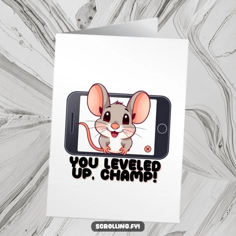 Funny Free Printable Congratulations Card featuring a playful mouse focused intently on a phone screen, an amusing DIY present.