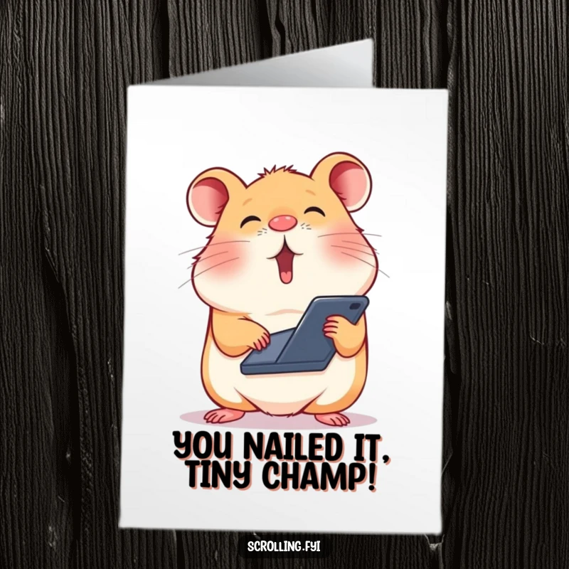 Funny Free Printable Congratulations Card: A silly hamster scrolls its phone balanced on its nose.