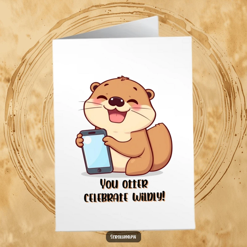 Funny Free Printable Congrats Card: A cheerful otter enthusiastically showing a mobile screen to a friend otter with a wide grin.
