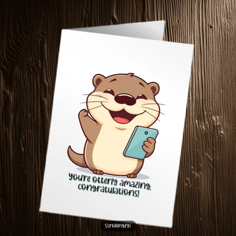 Funny Free Printable Otter Card: A cheerful otter grinning while holding a phone, celebrating achievements.