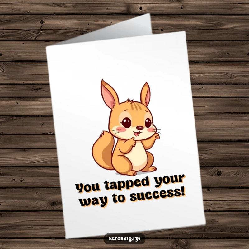 Funny Free Printable Congratulations Card: Adorable squirrel enthusiastically tapping on a screen with its tiny finger.