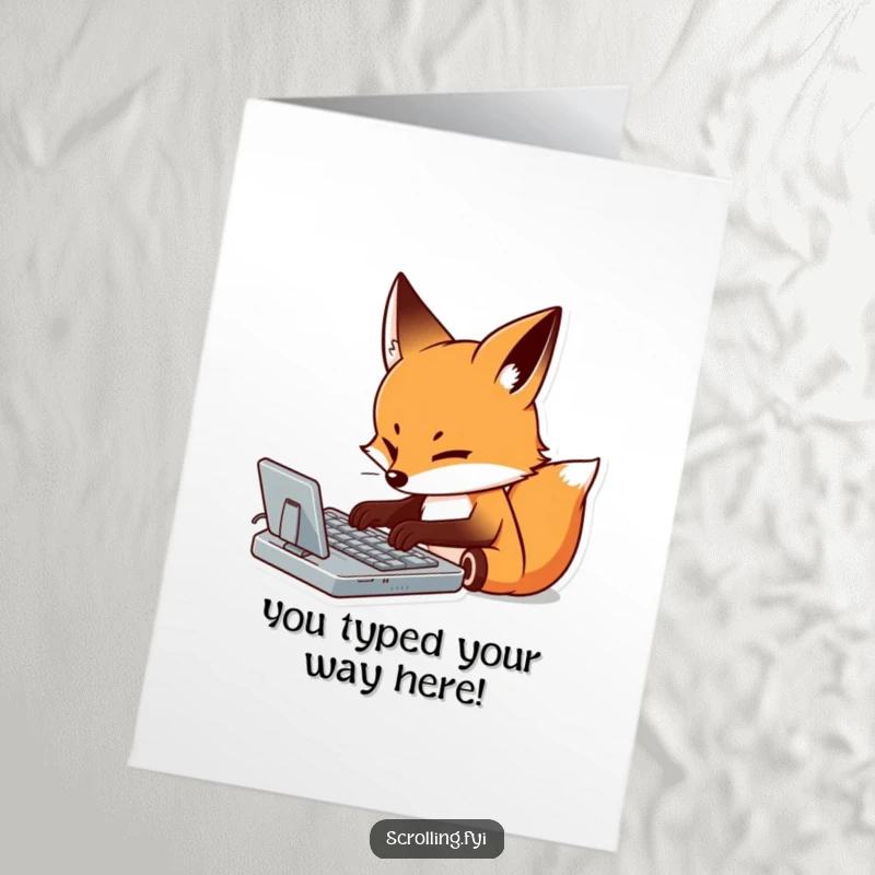 Funny Free Printable Congratulations Card: A determined fox meticulously types on a virtual keyboard, celebrating your great news.