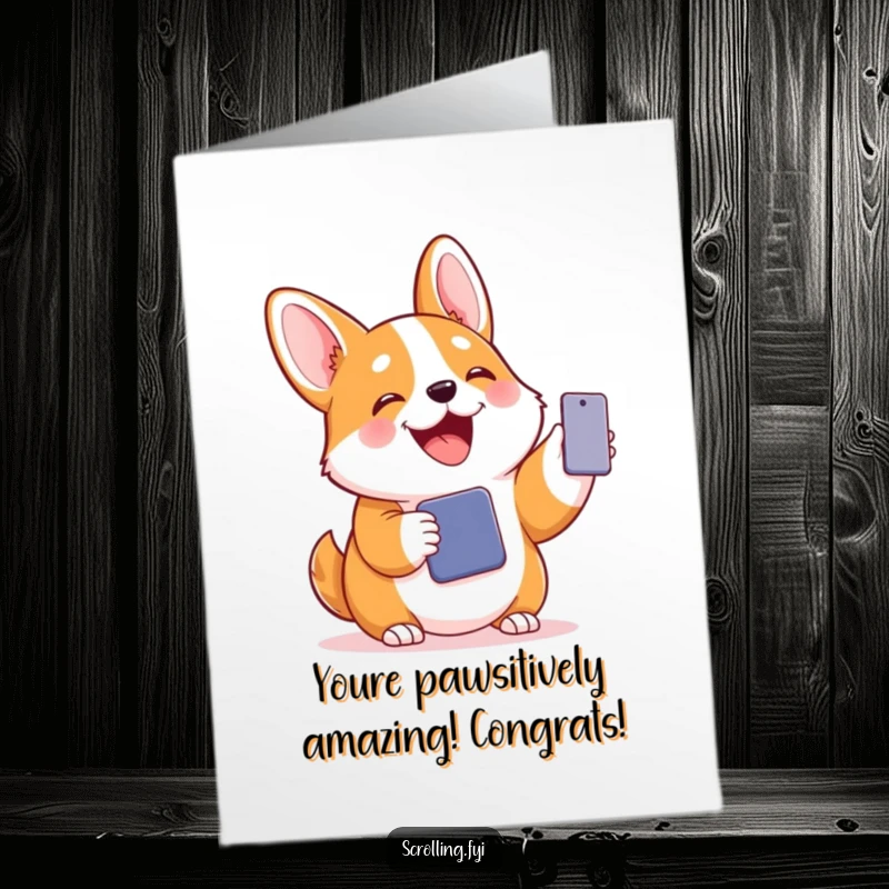 Funny Free Printable Corgi Congratulations Card: Joyful corgi holding a phone, celebrating success with a smile.