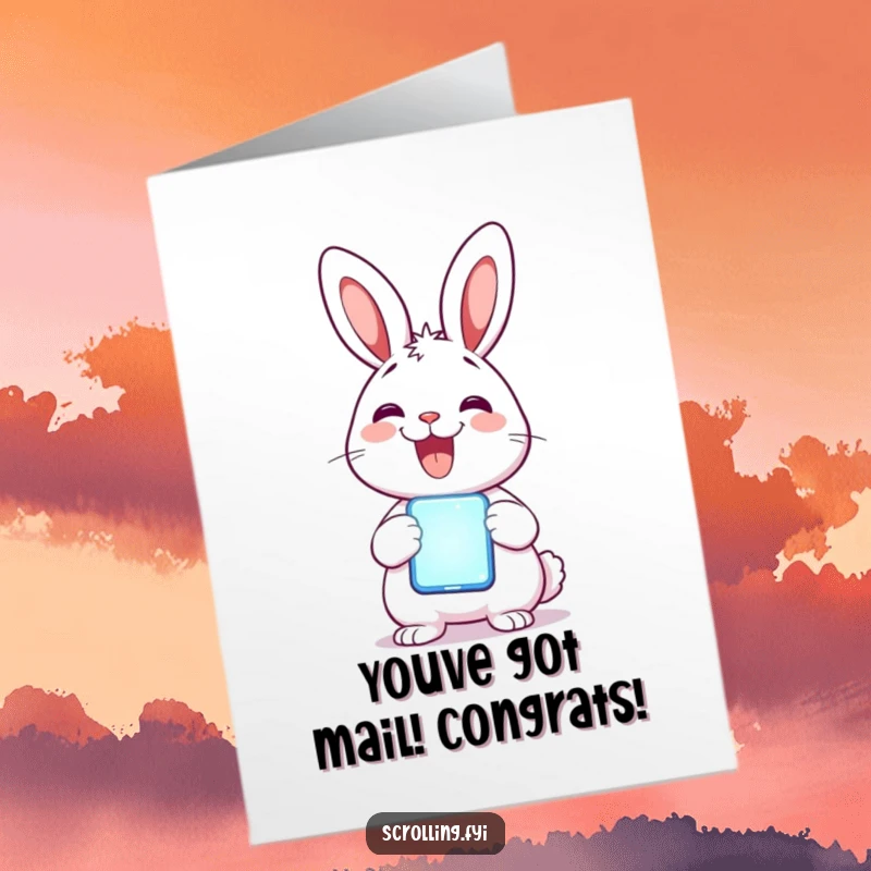 Funny Free Printable Congratulations Card: Delighted rabbit holding a glowing mobile phone with a wide smile, celebrating achievements. Downloadable.