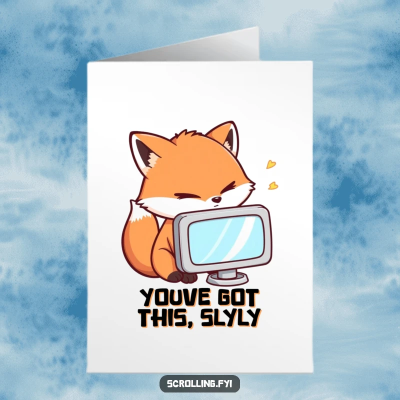 Funny Free Printable Congrats Card: A fox comically fixated on a miniature screen, highlighting the modern obsession with digital content.