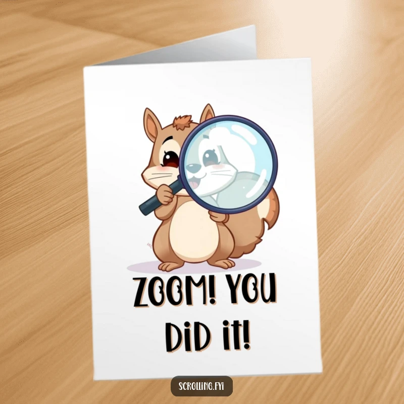 Funny Free Printable Congrats Card: A cheerful squirrel using a magnifying glass to scrutinize a screen, uncovering success.
