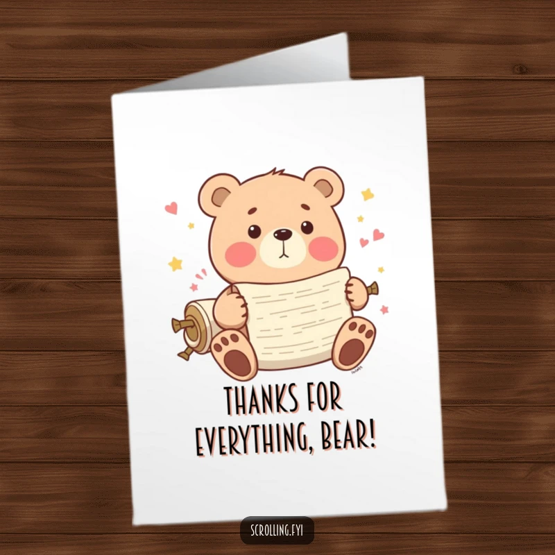 Funny Free Printable Thank You Card: Playful bear scrolling through endless content with glee, expressing thanks with a digital twist. Downloadable.