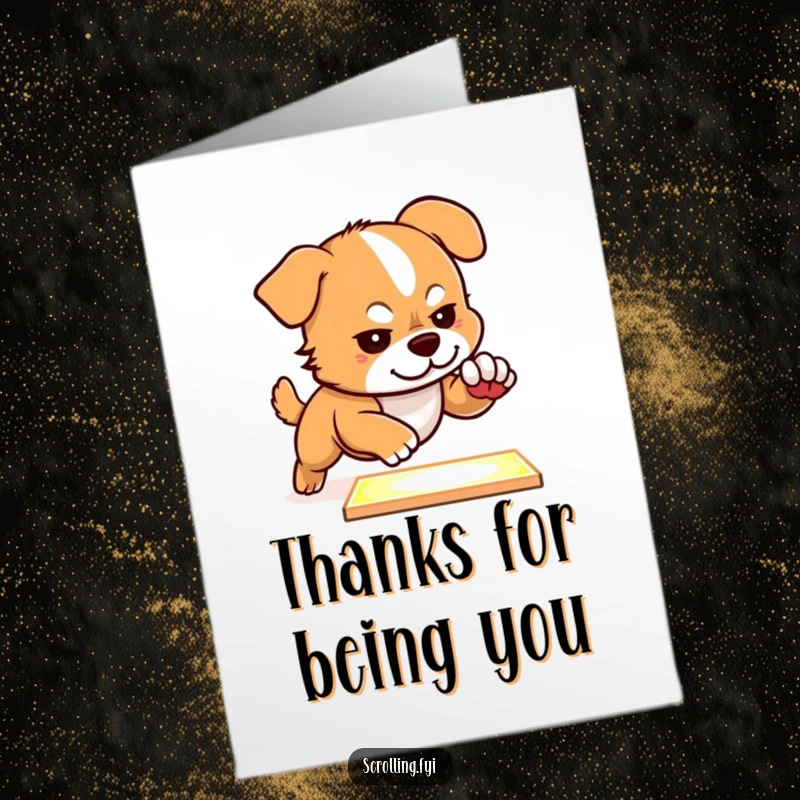 Funny Free Printable Thank You Card: Dog Tapping Rapidly on a Glowing Screen, Expressing Gratitude, Downloadable Art.