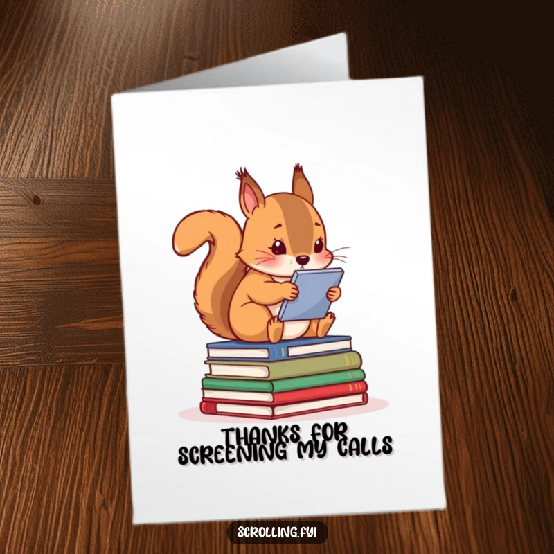 Funny Free Printable Thank You Card: Squirrel sits on books, engrossed in a screen, offering grateful thanks, a humorous download.