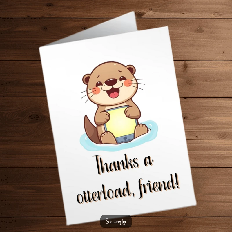 Funny Free Printable Otter Thank You Card: Otter happily using a bright app, conveying thanks with a smile.