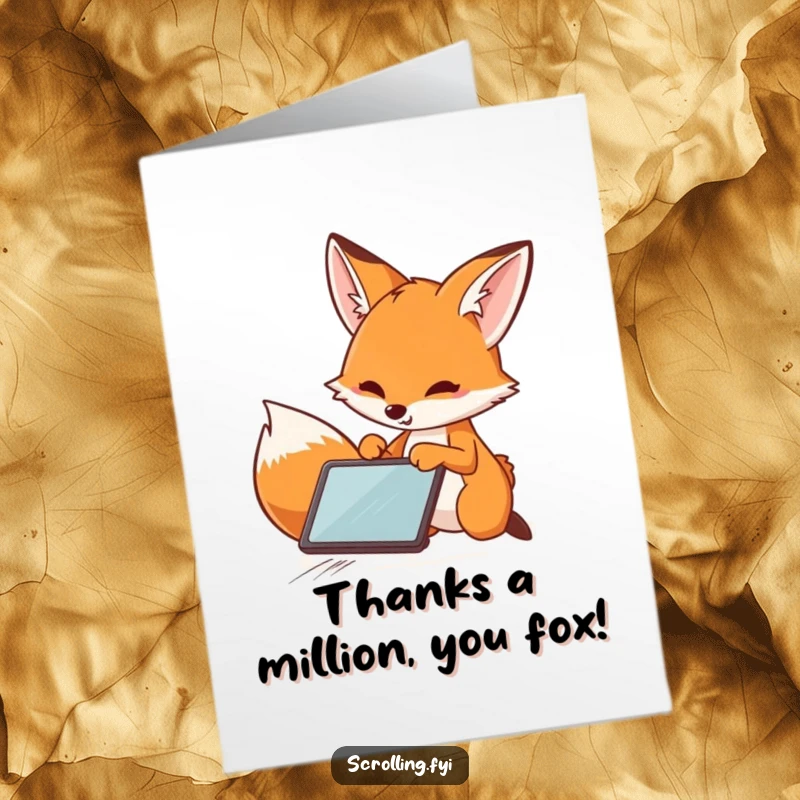 Funny Free Printable Thank You Card: A playful fox quickly swiping on a tablet, sending a speedy thank you gesture.