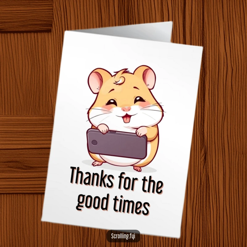 Funny Free Printable Thank You Card: Hamster peeking curiously at a phone screen, erupting in giggles.