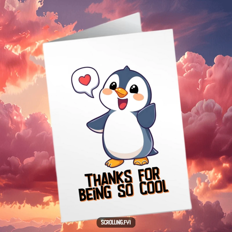 Funny Free Printable Thank You Card: Delighted penguin points at a notification bubble, expressing thanks.