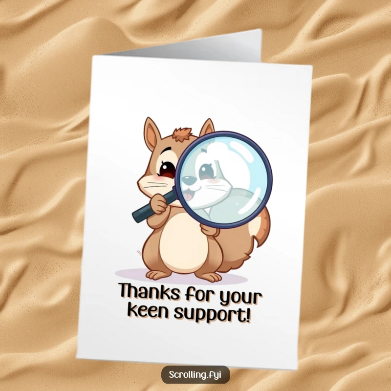 Funny Free Printable Thank You Card: A cheerful squirrel with a magnifying glass inspecting a screen, showing thanks.