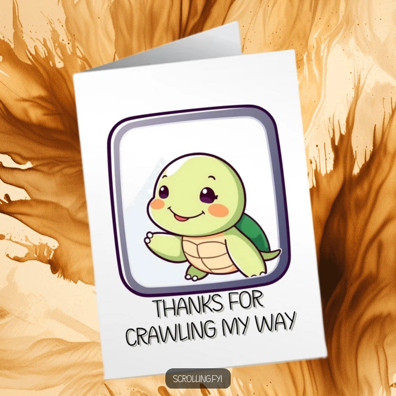 Funny Free Printable Thank You Card: Smiling turtle character deliberately swipes across a digital display.