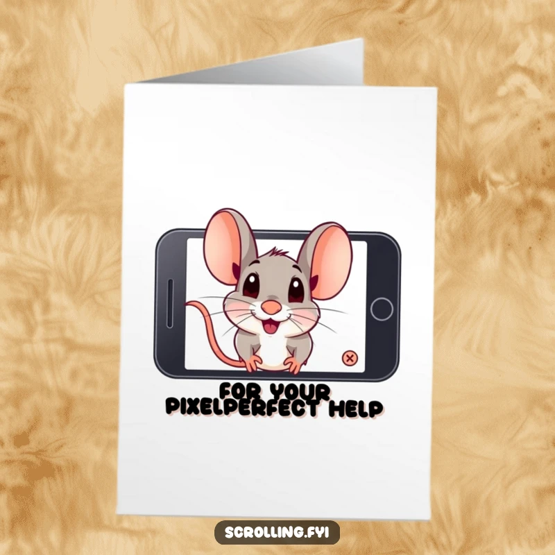 Funny Free Printable Thank You Card with a playful mouse zooming in on a phone, a cute and humorous downloadable gift.