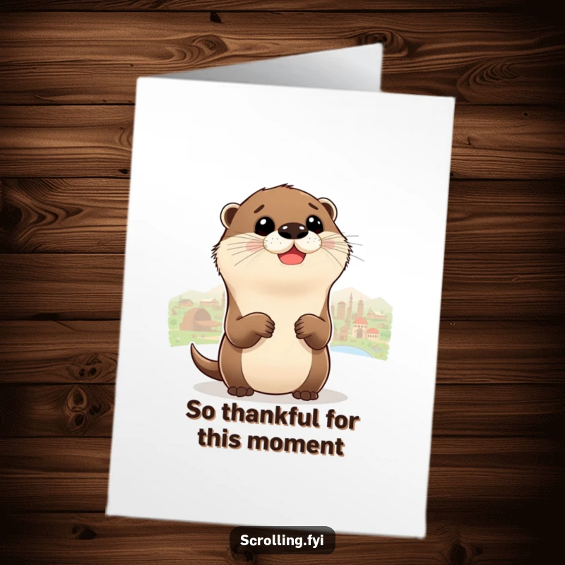 Funny Free Printable Thank You Card: A delighted otter zooms out to view a beautiful panorama, expressing thanks.