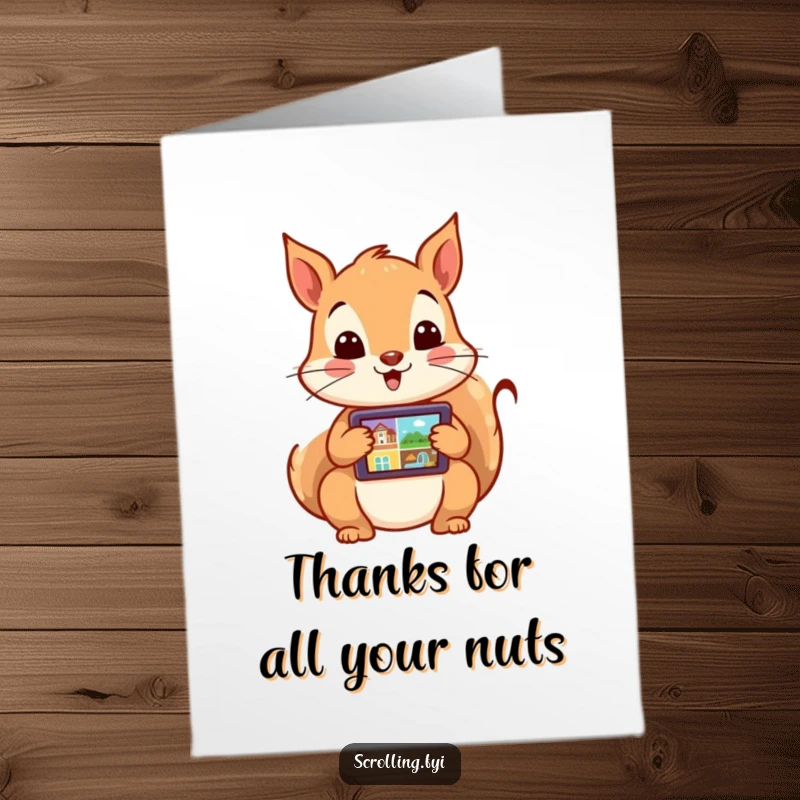 Funny Free Printable Thank You Card: A squirrel busy swiping through images on a tablet to say thanks.