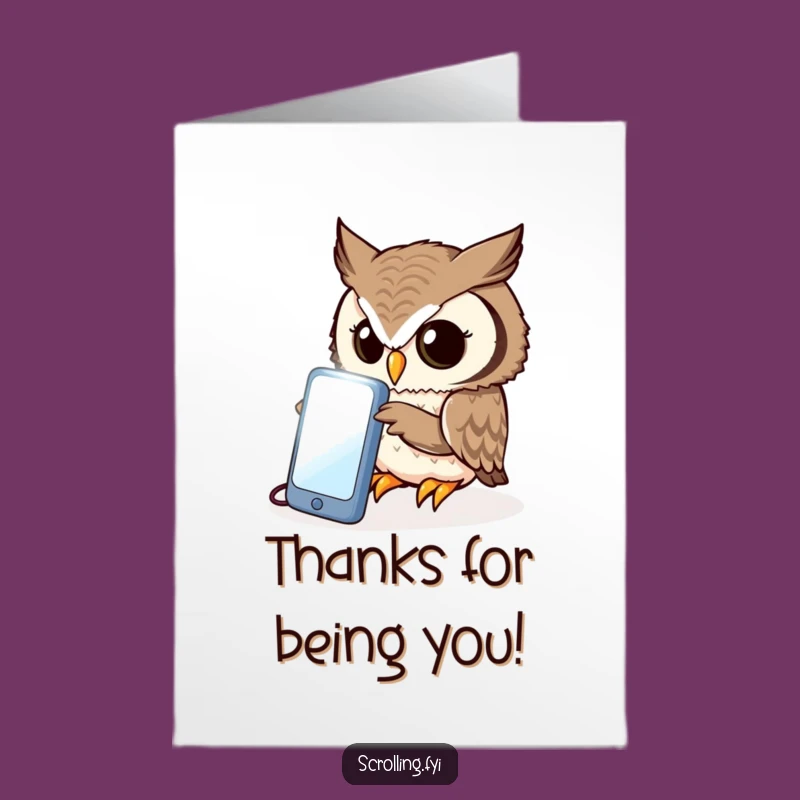 Free Printable Thank You Card: Owl Peering at Phone, Funny Downloadable Gift!