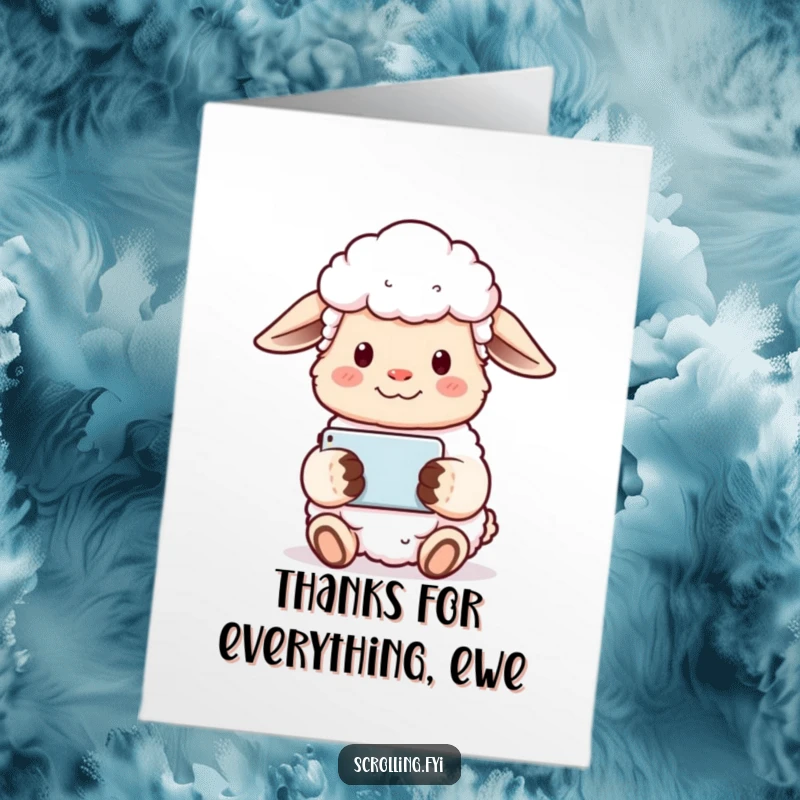 Funny Free Printable Thank You Card: Content sheep offers a peaceful smile while looking at a phone.