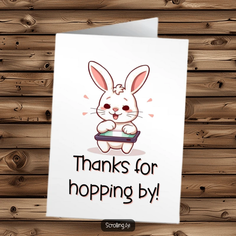 Funny Free Printable Thank You Card: A determined rabbit character excitedly swiping a tablet to express thanks.
