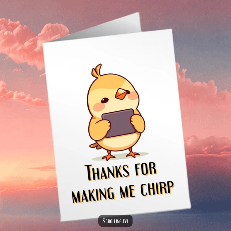 Funny Free Printable Thank You Card: Small bird with head cocked, curiously observing a smart device screen.
