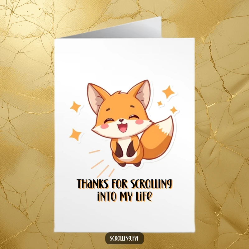 Funny Free Printable Thank You Card: Happy fox engrossed in scrolling, a playful way to express thanks.