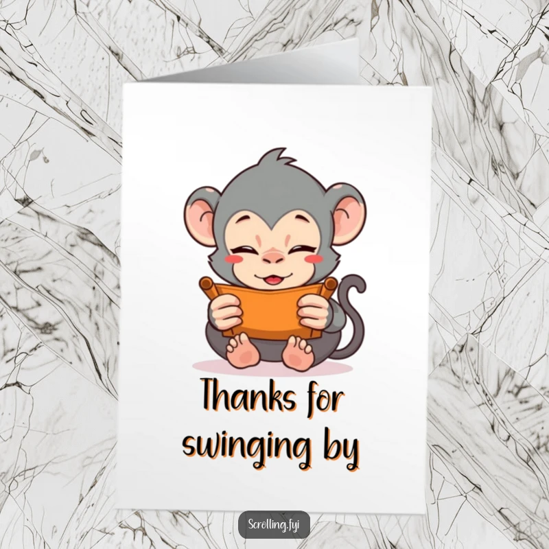 Funny Free Printable Thank You Card: A monkey vigorously scrolling with both hands, expressing thanks.