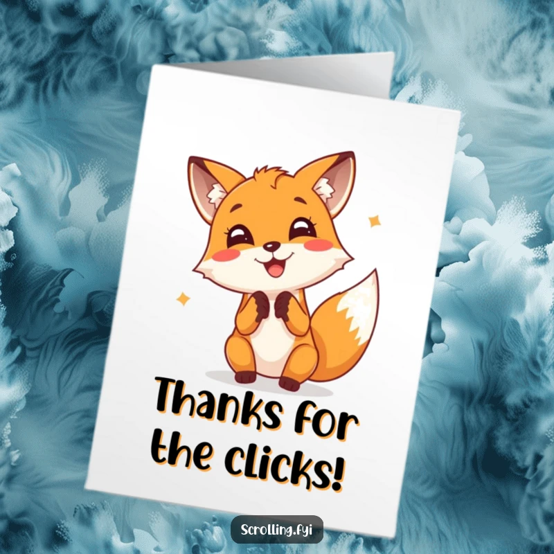 Funny Free Printable Thank You Card: Cheerful fox tapping furiously on a screen with joy, expressing thanks with energetic digital flair. Downloadable.