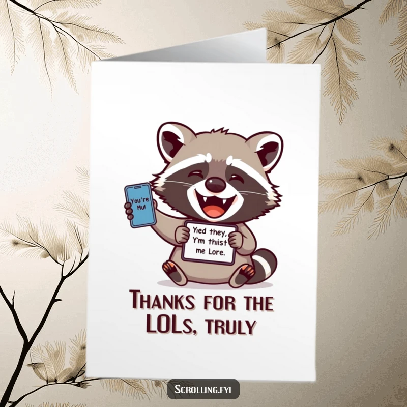 Funny Free Printable Thank You Card: A delighted raccoon is captured sharing a popular meme from its screen.