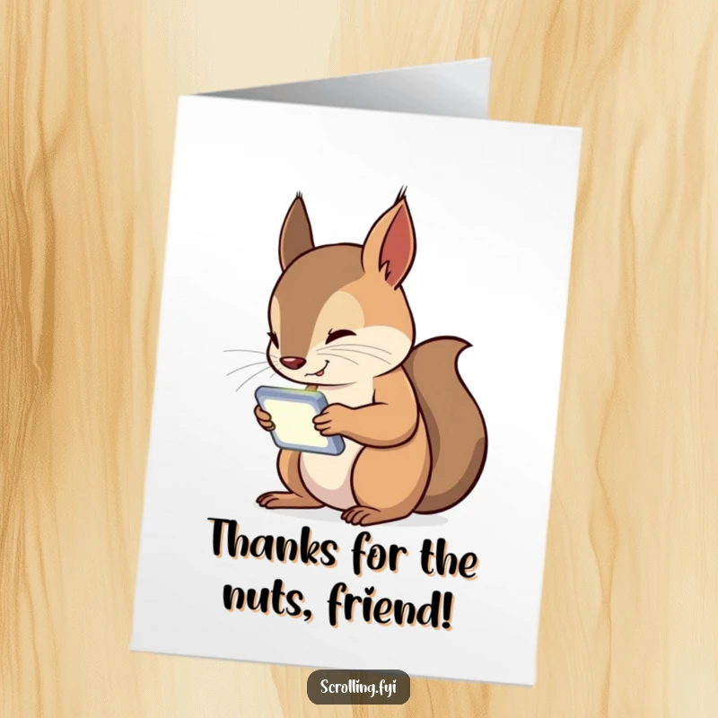 Funny Free Printable Thank You Card: Squirrel completely absorbed by its glowing handheld device, a humorous digital thank you.