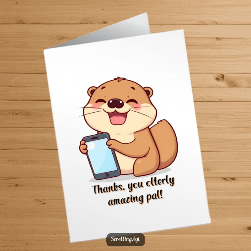 Funny Free Printable Thank You Card: An otter excitedly showing its phone screen to a grinning friend otter, sharing something amusing.