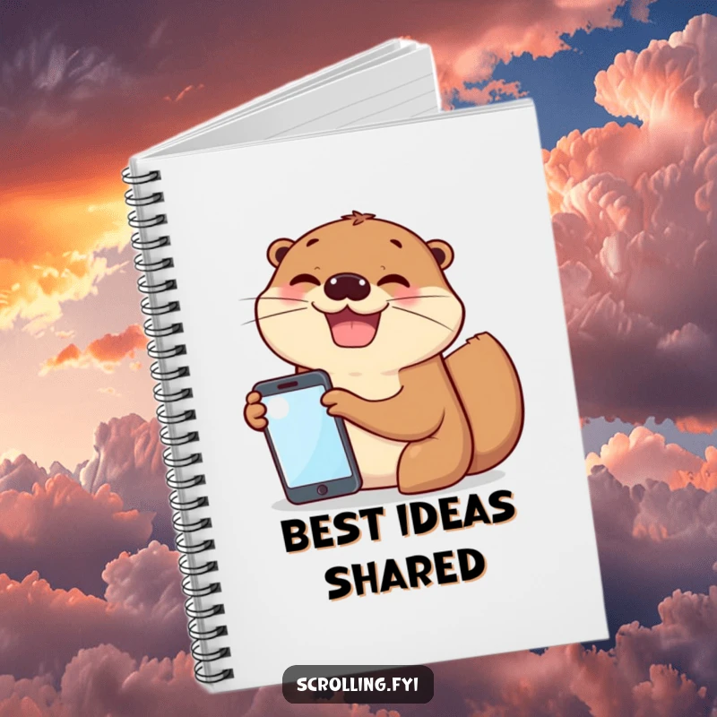 Funny notebook cover with cheerful otters excitedly sharing a phone screen, ideal for journaling adventures.