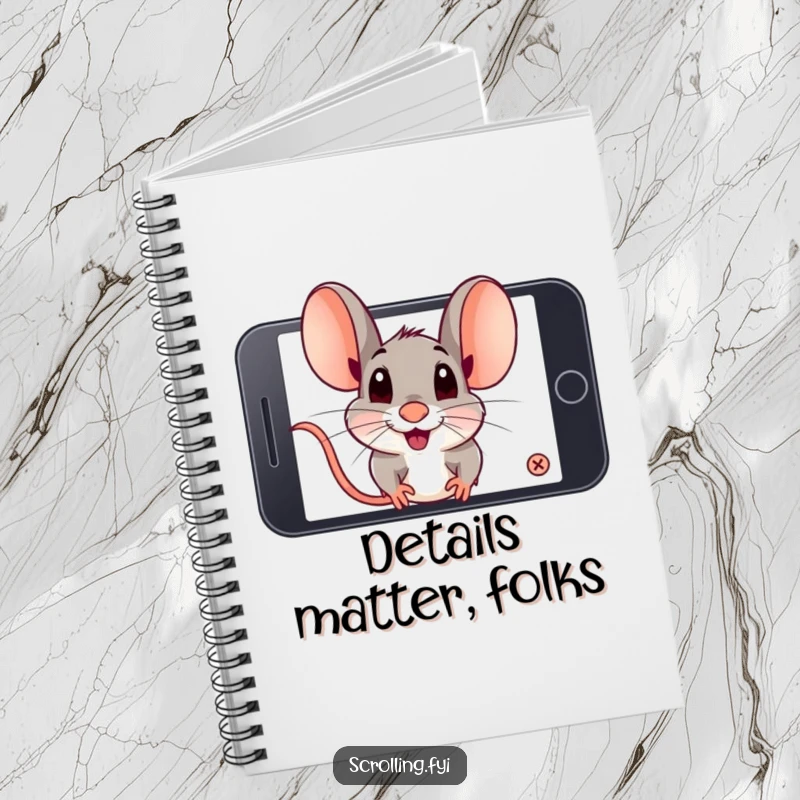 Funny playful mouse zooming in very closely on a smartphone screen with sheer concentration. Ideal funny notebook.