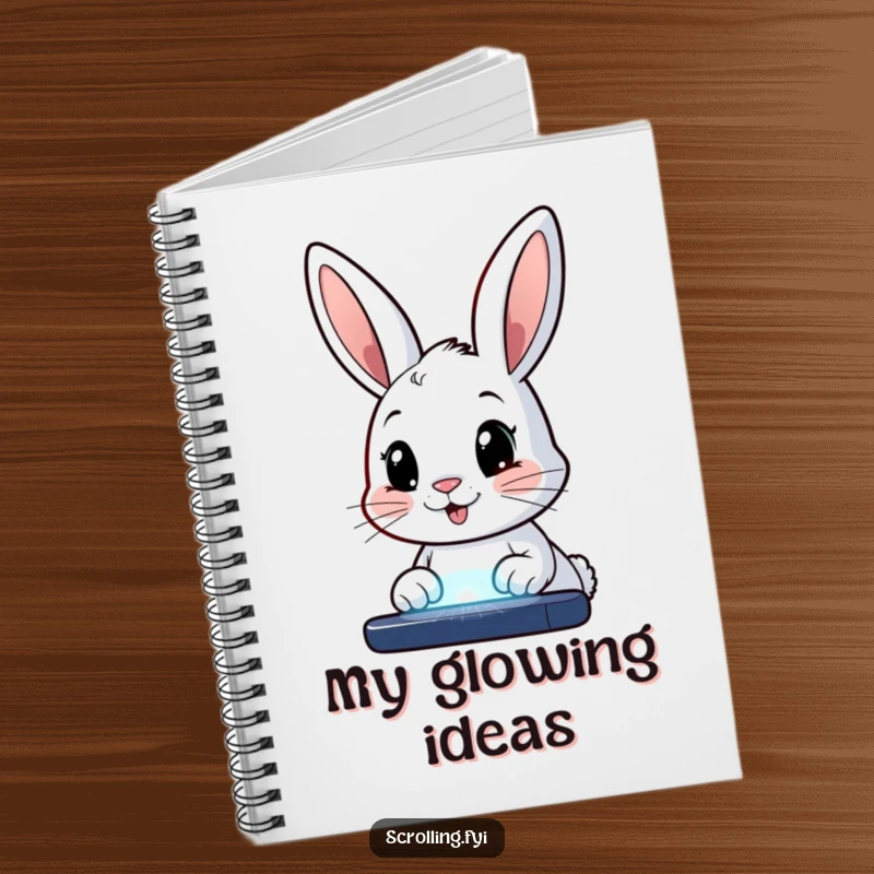 Funny notebook with a happy bunny with wide eyes, staring intently at a glowing screen, ideal for logging your own screen time.
