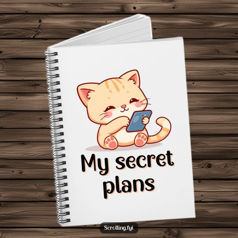 Funny notebook with a cute cat holding a smartphone and swiping down the screen, ideal for logging your own scrolling sessions.