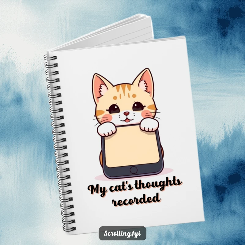 Funny cat smartphone notebook with a cat peeking over a giant screen, ideal for notes and ideas.