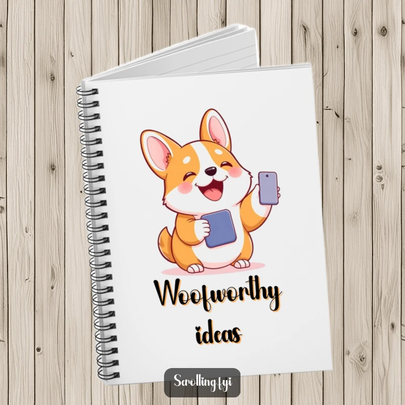 Funny notebook with a joyful corgi holding a phone, symbolizing humorous communication and organization.