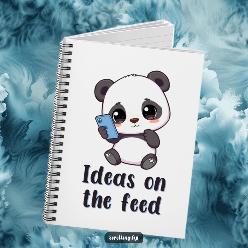 Funny notebook with a cute panda holding a smartphone, eyes glued to the screen, perfect for jotting down tech-related ideas.