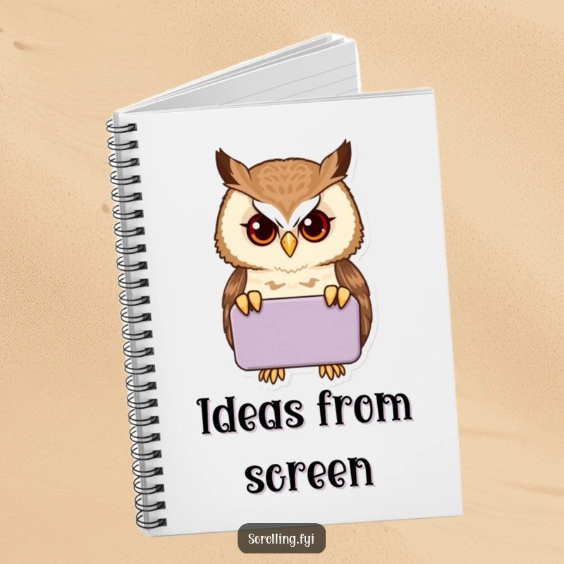 Funny proud owl peering intently into a handheld device on the cover of a notebook.
