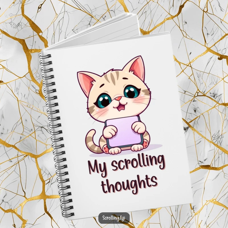 Funny notebook with a giggling cat mesmerized by a giant scrolling phone, perfect for note-taking.