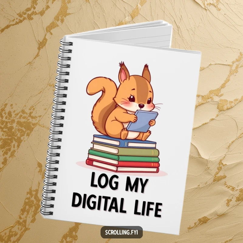 Funny squirrel engrossed in a screen atop books, a humorous notebook for capturing ideas and doodles.
