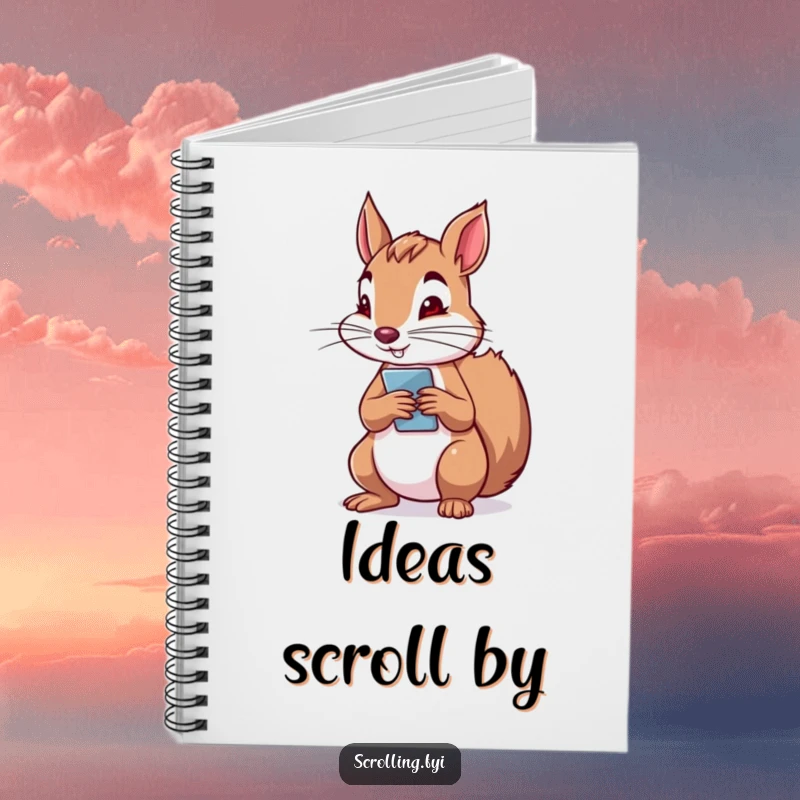 Funny notebook featuring a determined squirrel holding a phone vertically, engrossed in scrolling with focused intent.